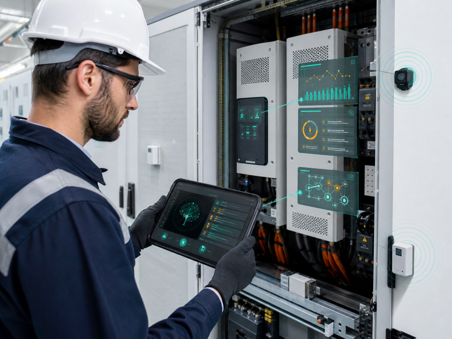 Técnico de mantenimiento usando un asistente inteligente de averías
